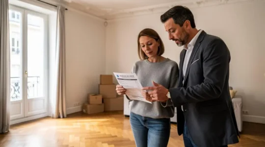 Une propriétaire et une agente immobilière examinent ensemble un mandat de vente dans le salon d'un appartement français.