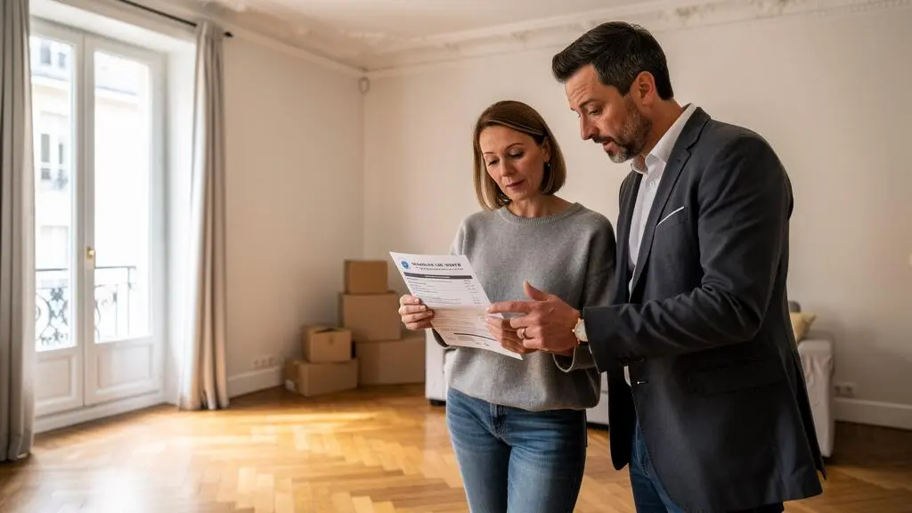 Une propriétaire et une agente immobilière examinent ensemble un mandat de vente dans le salon d'un appartement français.