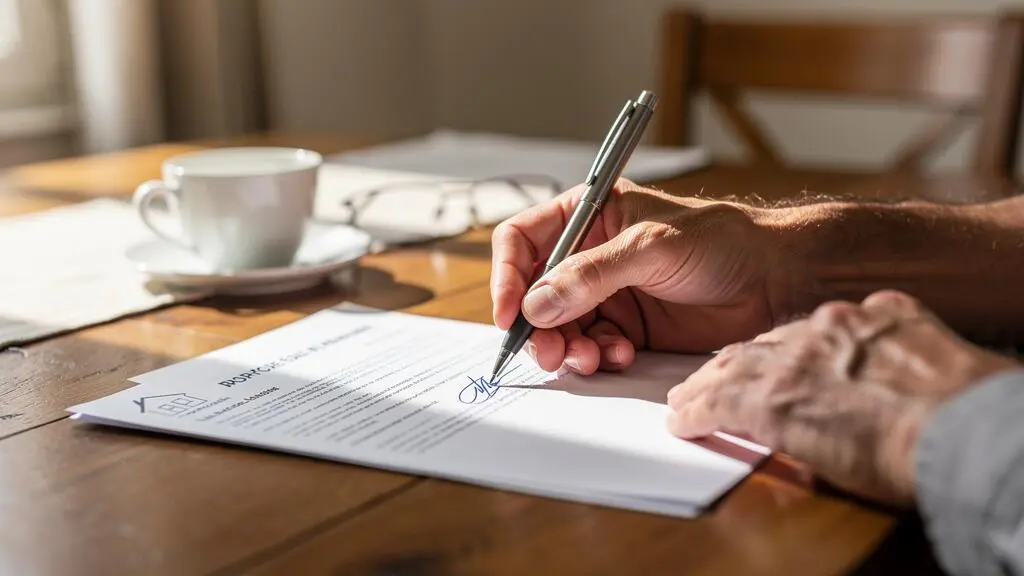 Une main signe un mandat de vente immobilière posé sur une table en bois.