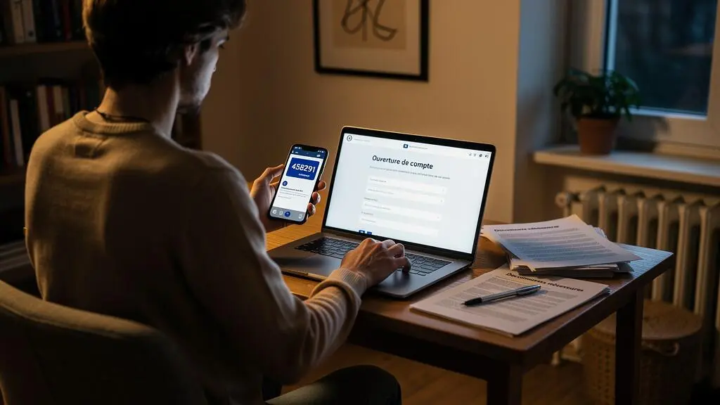 Une personne ouvre un compte bancaire en ligne avec son téléphone et son ordinateur portable.